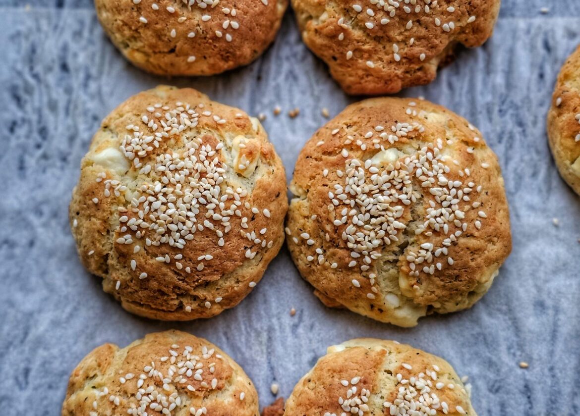 feta cheese bread rolls sprinkled with sesame seeds