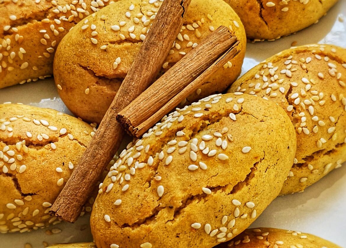 greek olive oil cookies sprinkled with sesame seeds and cinnamon