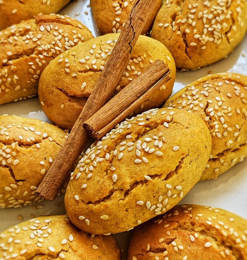 greek olive oil cookies sprinkled with sesame seeds and cinnamon